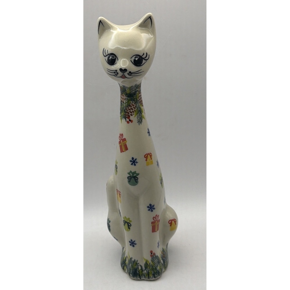 Kalich Cat Figurine Polish Pottery Handpainted Christmas 10"